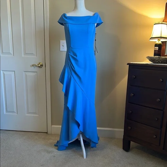 Adrianna Papell Womens Crepe Off-The-Shoulder Evening Dress Blue 6